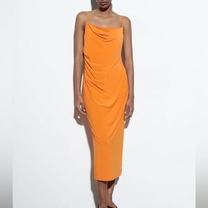 Zara Draped Neck Dress with thin double straps in back Orange L NWT